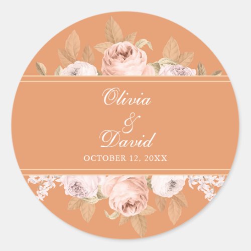 Boho Apricot Peonies Wedding Classic Round Sticker