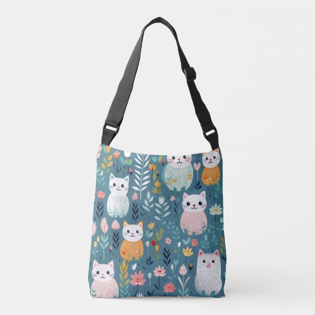 Boho aqua cute cat crossbody bag with black strap (Front)