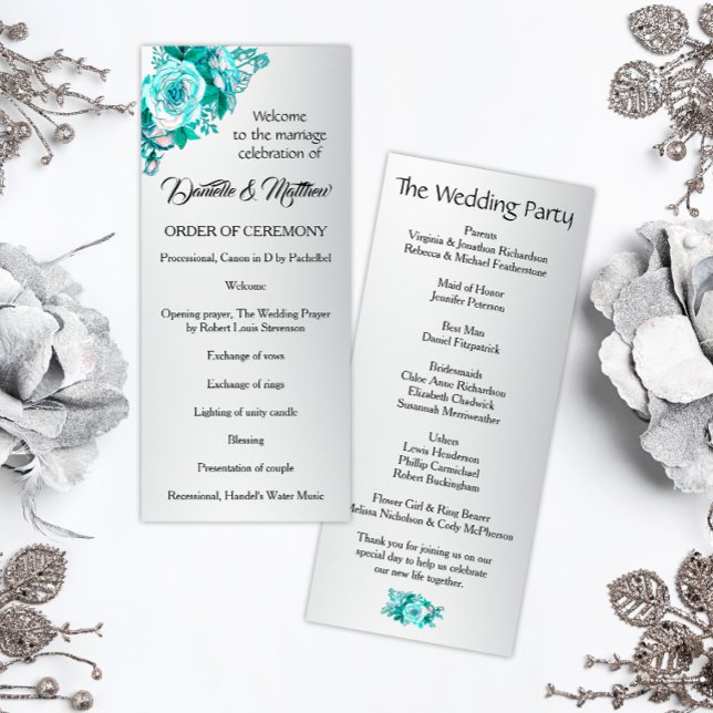 Boho Aqua Roses on Silver Wedding  Program (Creator Uploaded)