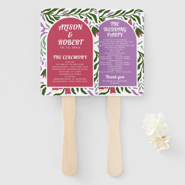 Boho arch and folklore flowers  wedding program hand fan (Front and Back)