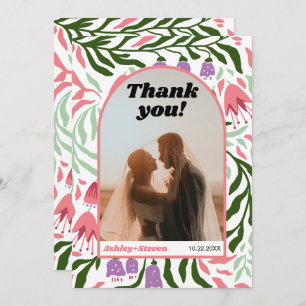 Boho arch and retro flowers wedding photo thank you card
