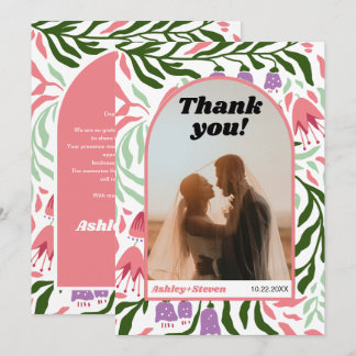 Boho arch and retro flowers wedding photo thank you card