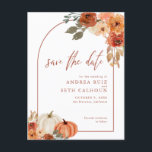 Boho Arch Autumn Pumpkin Terracotta Save The Date Announcement Postcard<br><div class="desc">Save The Date postcards in beautiful autumn colors with pumpkins and floral.</div>