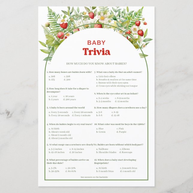 Boho Arch Berry Sweet Strawberry Baby Trivia game (Front)