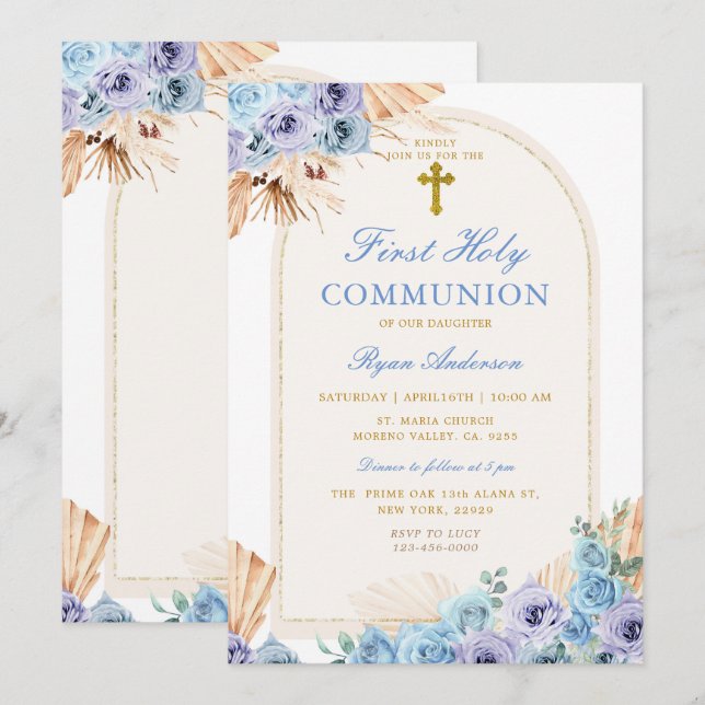 Boho Arch Blue Floral First Holy Communion Cross Invitation (Front/Back)