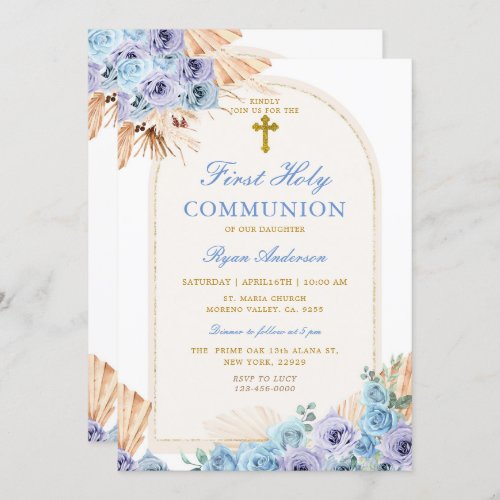 Boho Arch Blue Floral First Holy Communion Cross Invitation