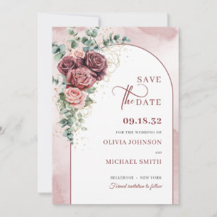 Boho arch blush burgundy floral eucalyptus gold save the date