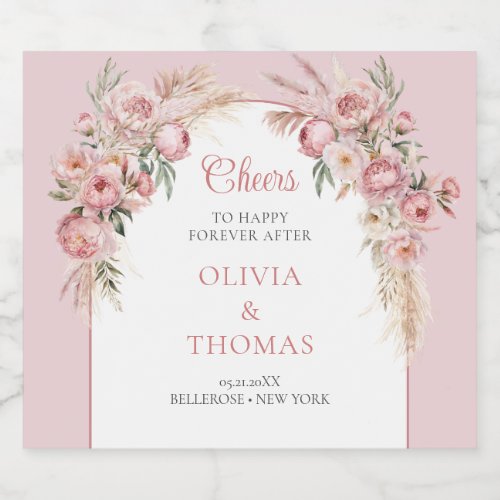 Boho arch blush peonies pampas grass eucalyptus liquor bottle label