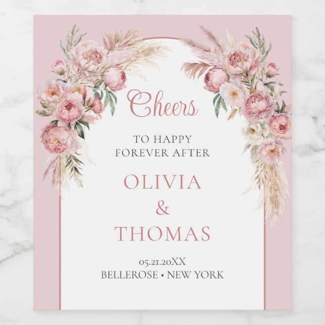 Boho arch blush peonies pampas grass eucalyptus wine label (Single Label)