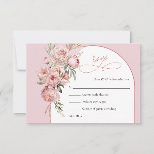 Boho arch blush peonies pampas grass rsvp card