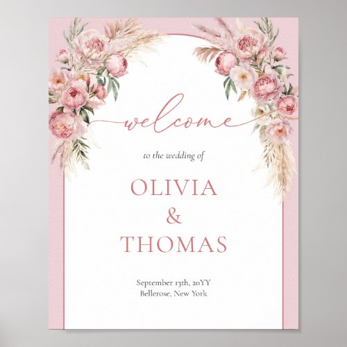 Boho arch blush peonies pampas grass sage welcome poster