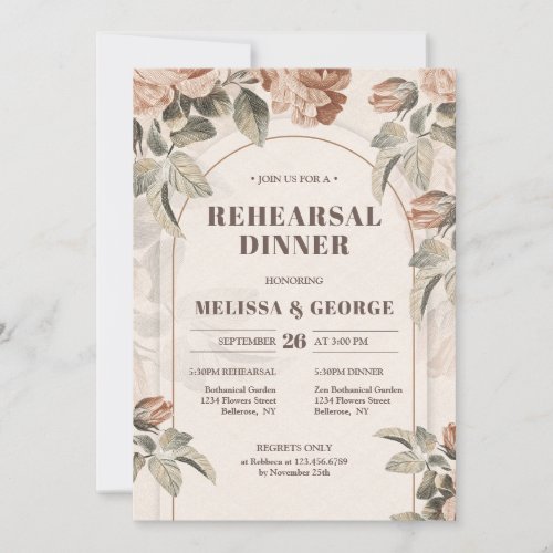 Boho arch bold lettering copper roses sage ivory invitation