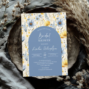 Boho arch colorful light blue yellow wildflowers invitation