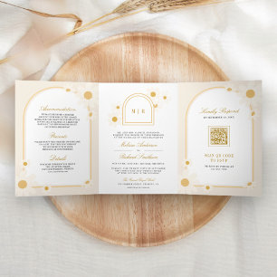 Boho Arch Cream Yellow Daisy All in One Wedding Tri-Fold Invitation