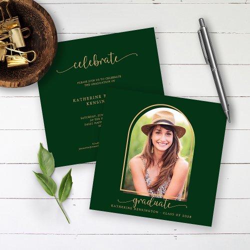 Boho Arch Dark Green Gold Photo Graduation Invitation