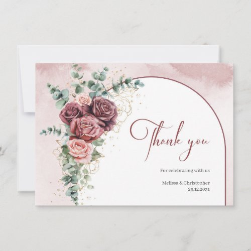Boho arch dark maroon blush roses greenery Wedding Thank You Card