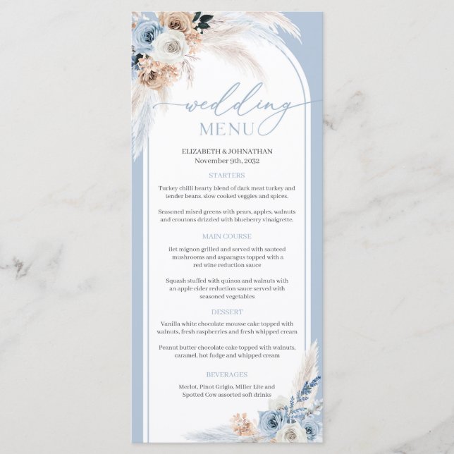 Boho arch dusty blue floral pampas dry flowers menu (Front)