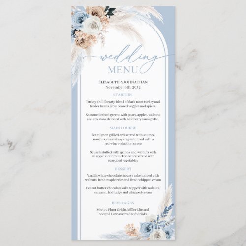 Boho arch dusty blue floral pampas dry flowers menu