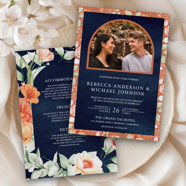 Boho Arch Earthy Floral All in One Navy Wedding Invitation (Creator Uploaded)