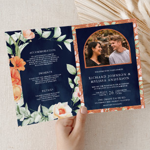 Boho Arch Earthy Floral Navy Blue QR Code Wedding Invitation
