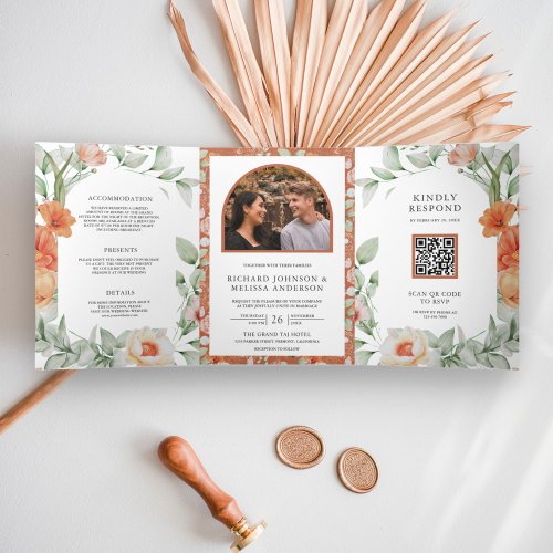 Boho Arch Earthy Floral QR Code Wedding Tri_Fold Invitation