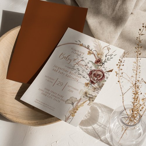 BOHO Arch Fall Floral Copper Modern Baby Shower Invitation