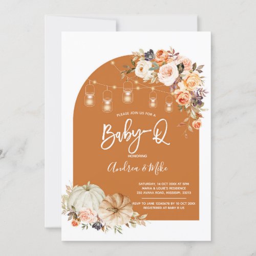 Boho Arch Fall Pumpkin BabyQ Baby Shower Invitation