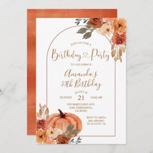 Boho Arch Fall Pumpkin Birthday 30th Party Invitation