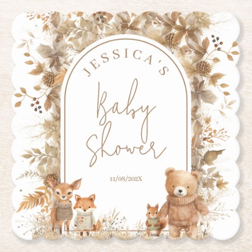 Boho Arch Fall  Woodland Animals Baby Shower Paper Coaster