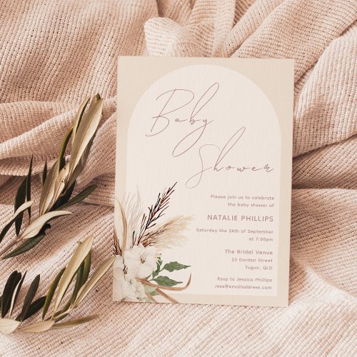 Boho Arch Floral Beige Cream Baby Shower Invitation