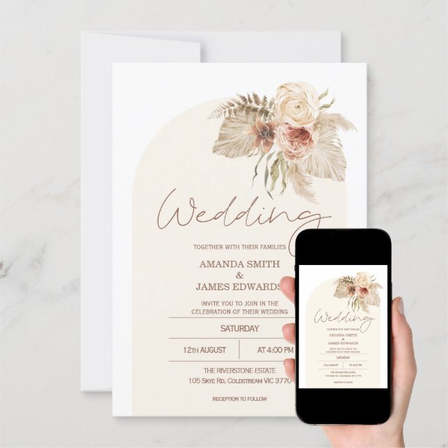 Discover Boho Arch Floral Pampas Grass Floral Wedding Invitation