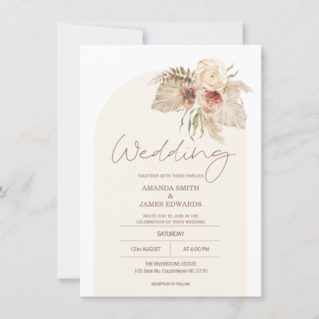 Discover Boho Arch Floral Pampas Grass Floral Wedding Invitation