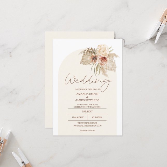 Discover Boho Arch Floral Pampas Grass Floral Wedding Invitation