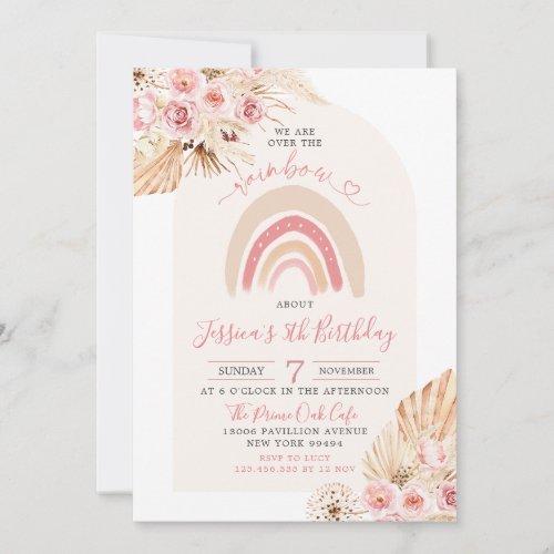 Boho Arch Floral We Are Over The Rainbow Birthday Invitation
