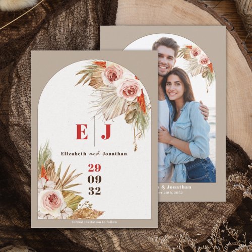 Boho arch frame floral Earth tones  wedding photo Save The Date
