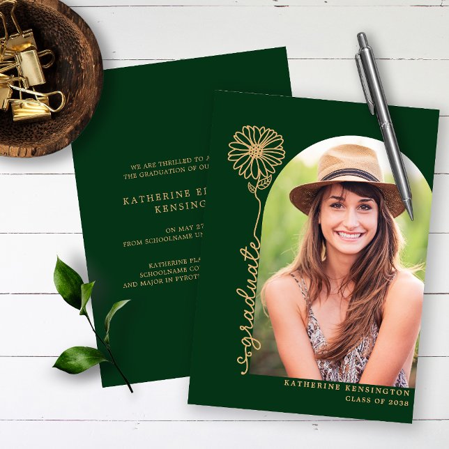 Boho Arch Green Gold Handwritten Photo Graduation Foil Invitation (Creator Uploaded)