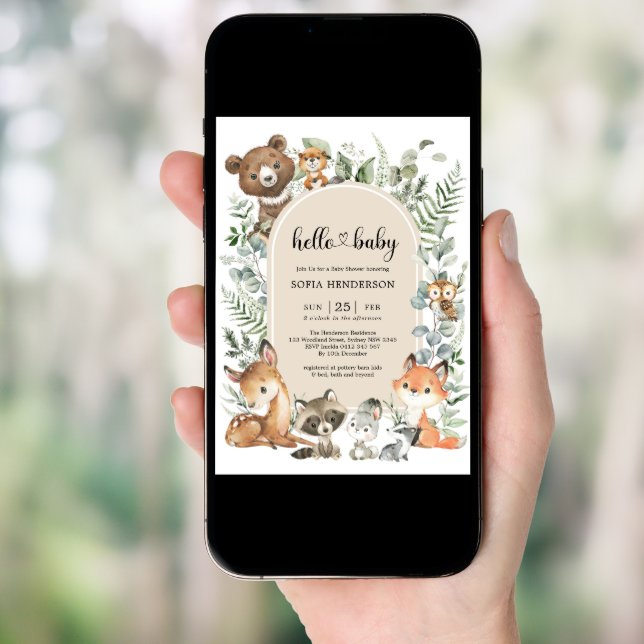 Boho Arch Greenery Woodland Animals Baby Shower Invitation (Front Digital)