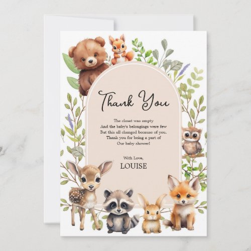 Boho Arch Greenery Woodland Animals Baby Shower Thank You Card