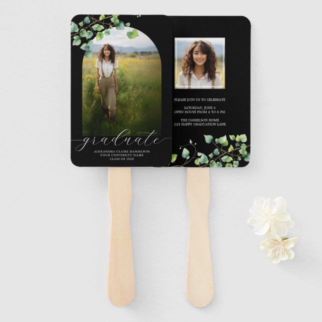 Boho Arch Ivy, Black Graduation  Hand Fan (Front and Back)