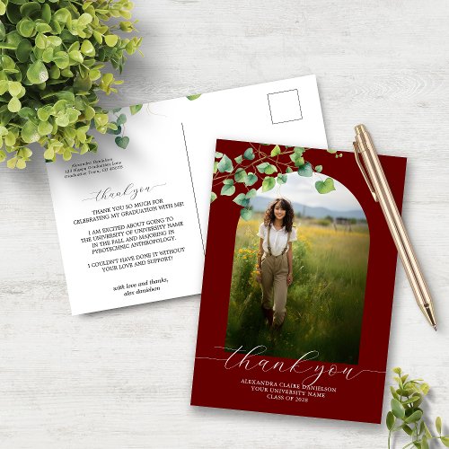 Boho Arch Ivy Dark Red Graduation Thank You  Postcard