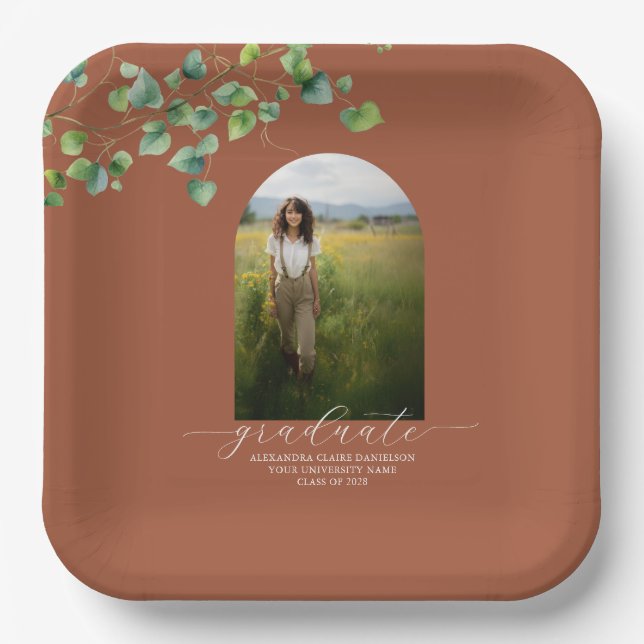 Boho Arch Ivy, Terracotta Brown Graduation  Paper Plates (Front)