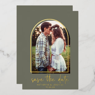 Boho Arch Minimalist Green Gold Foil Save the Date Foil Invitation