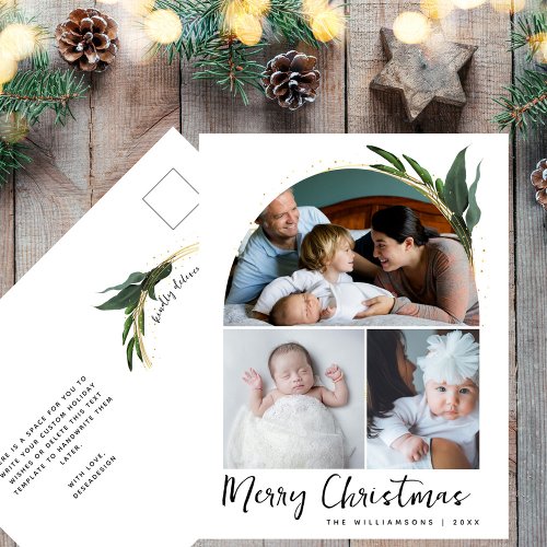 Boho Arch Modern Christmas Photo Collage Holiday Postcard