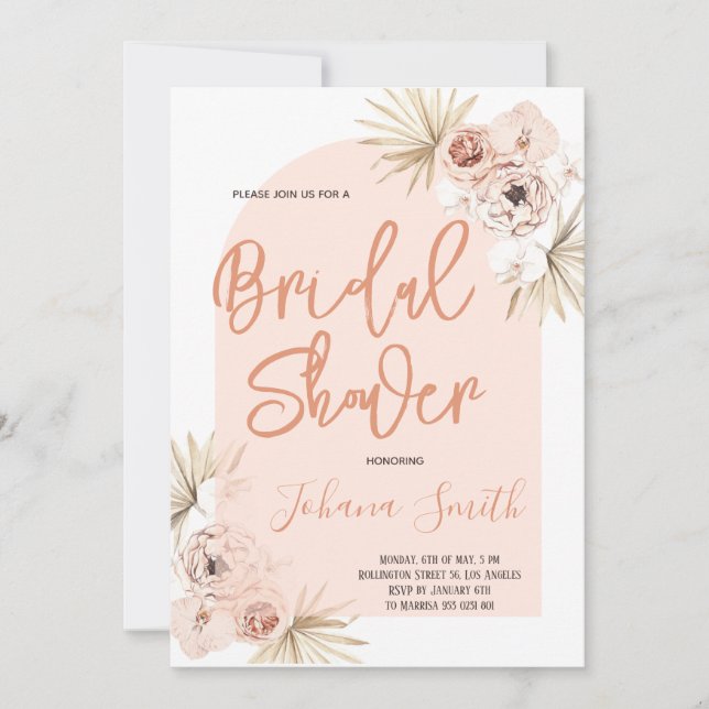 Boho Arch Modern Floral Blush Bridal Shower Invitation (Front)
