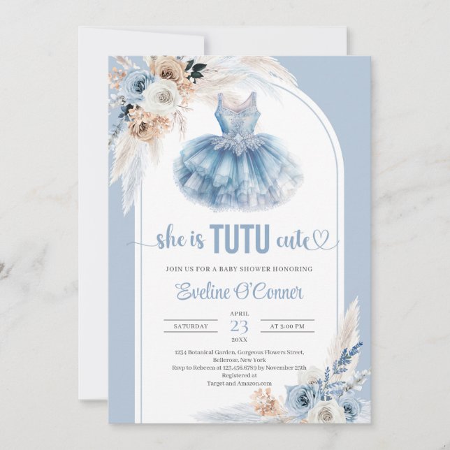 Boho arch navy blue tutu dress pampas Baby Shower Invitation (Front)