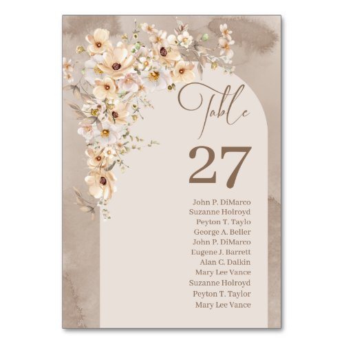 Boho arch neutral wildflowers number with names table number