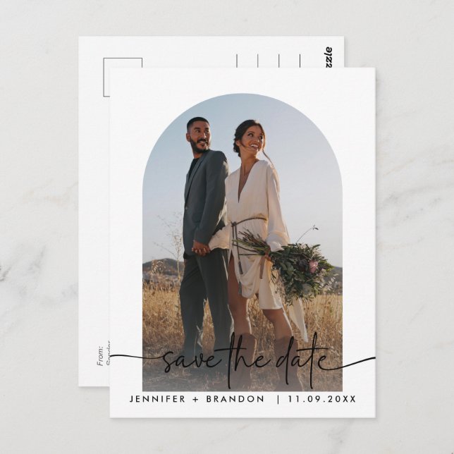 Boho arch overlay Calligraphy Save the Date Photo Postcard (Front/Back)