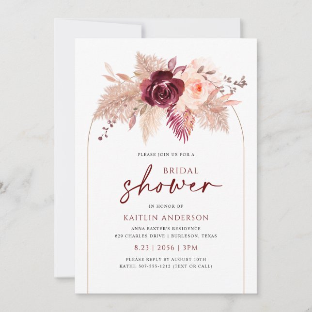 Boho Arch Pampas Bridal Shower Burgundy Invitation (Front)