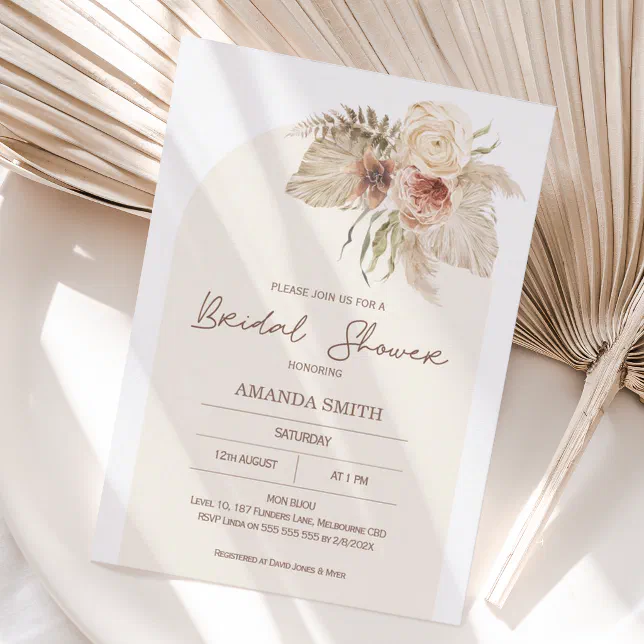 Boho Arch Pampas Grass Floral Bridal Shower Invitation | Zazzle