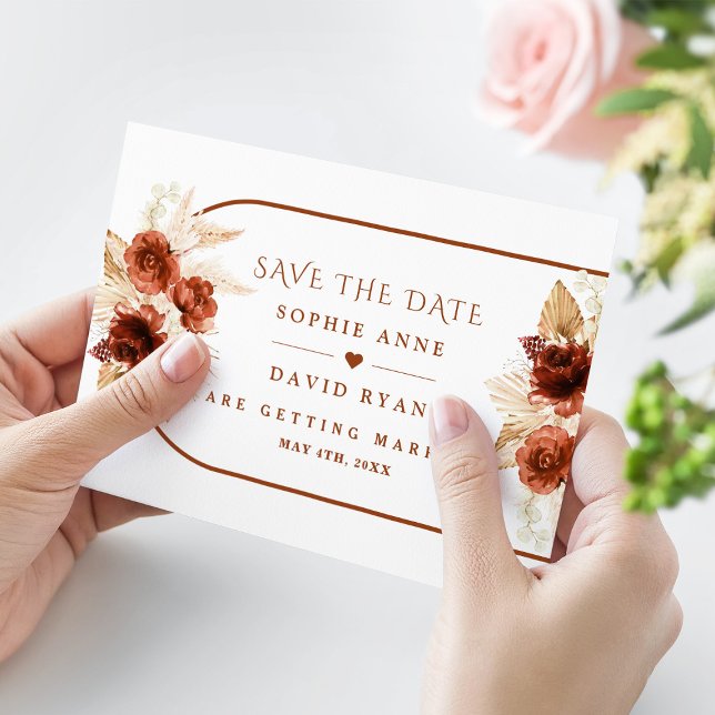 Boho Arch Pampas Grass Floral Terracotta Wedding  Save The Date (trendy terracotta thank you wedding card, elegant, modern)